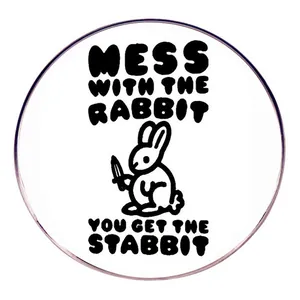 Funny Mess With The Rabbit You Get The Stabbit Cartoon Alloy Pin Brooch Humorous Round Badge For Backpack Clothing Accessory