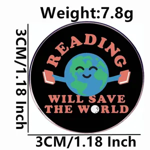 Enamel brooch with earth reading book and Reading Will Save The World text, 3cm size