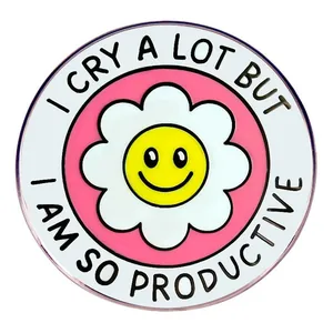 Funny Enamel Pin I Cry A Lot But I Am So Productive Slogan Badge Alloy Flower Smiley Face Round Brooch For Backpack Clothing Decor