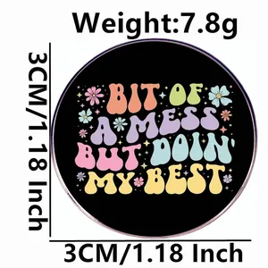 3cm round black motivational slogan metal pin badge with colorful floral design and 7.8g weight