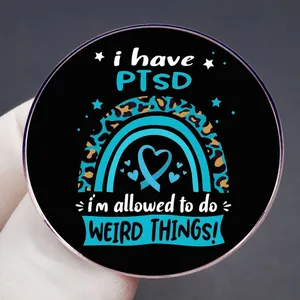 I Have PTSD Round Enamel Pin Badge With Blue Rainbow And Heart Design On Black Metal