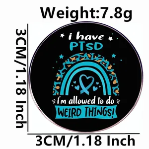 Round PTSD awareness metal badge with rainbow and leopard print, 3cm diameter pin
