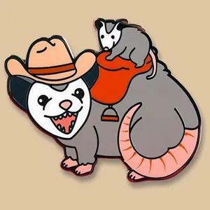 Funny cowboy opossum enamel pin with baby opossum on red saddle and brown hat
