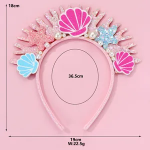 Mermaid sea theme headband with glitter shells, starfish and pearls, 18x19cm size