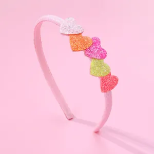 Cute Kids Glitter Heart Headband Sweet Pink Fabric Wrapped Hair Accessory Multicolor Heart Decor Daily Party Headwear