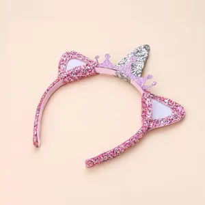 Girls Pink Silver Sequin Unicorn Headband Cat Ears Crown Cute Princess Hair Hoop For Birthday Party Hair Accessories