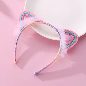 Diadema de orejas de gato rosa brillante con degradado de arcoíris y tul para niñas