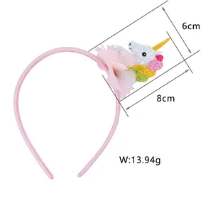 Detail showing pink unicorn headband dimensions of 6cm by 8cm and 13.94g weight