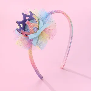 Serre-Tête Couronne De Princesse Pour Filles Paillettes Dégradées Fleur En Maille Nœud Bandeau Cheveux Enfants Accessoire Décoratif