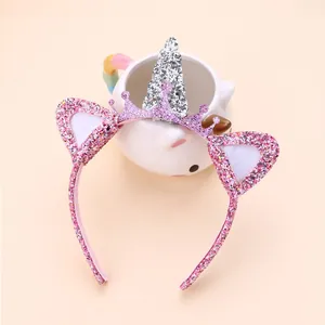 Pink unicorn headband with glitter cat ears and crown for girls hair accessories