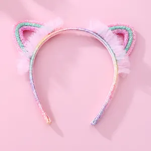 Diadema Orejas de Gato Niñas Lentejuelas Arcoíris Purpurina Tul Rosa Para Fiesta Disfraz Accesorios Cabello Niños