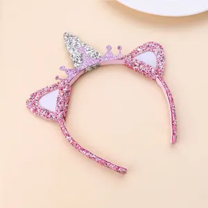 Pink and silver glitter unicorn headband with cat ears and crown for girls party