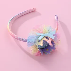 Serre-tête dégradé pour fille avec couronne de princesse, fleurs en tulle et nœud bleu