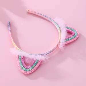 Diadema con orejas de gato en lentejuelas arcoíris para niñas con tul rosa suave
