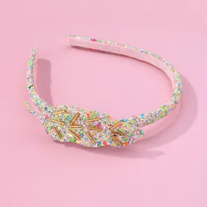 Serre-tête rose pailleté avec feuilles et perles dorées accessoire cheveux filles
