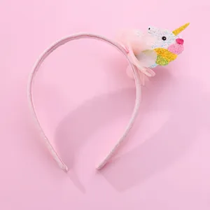 Sweet Pink Unicorn Headband For Kids Girls Glitter Mesh Flower Princess Hair Accessories Sparkly Cartoon Hair Bands Party Gift