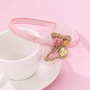 Glitzerndes rosa Schmetterlings-Haarband für Mädchen mit Tüll und Goldglitzer-Details
