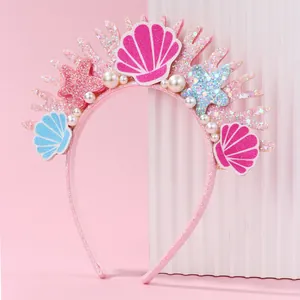 Pink sequined mermaid headband with shells stars and pearls for kids party