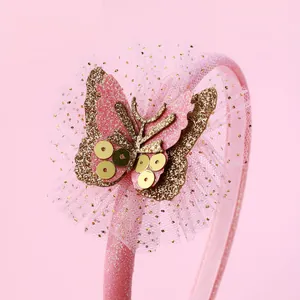 Süßer rosa Schmetterling Haarreif für Mädchen mit goldenem Glitzer und Tüll-Pailletten