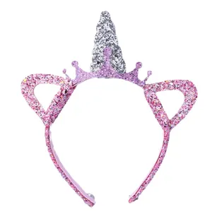 Pink unicorn headband with glitter cat ears and crown for girls sweet hair accessory