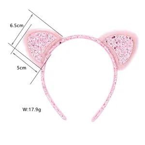 Detailed view of pink sequin cat ear headband with size specs 6.5cm width and 5cm height