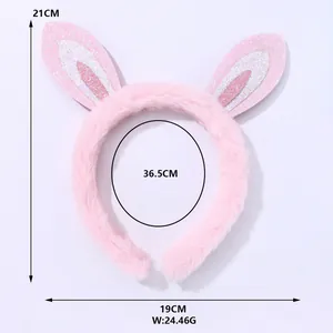 Détails et dimensions du serre-tête oreilles de lapin rose en peluche avec paillettes
