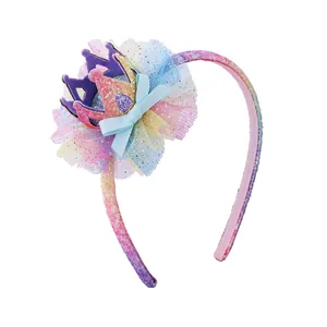 Serre-tête couronne de princesse à paillettes avec tulle arc-en-ciel et nœud bleu