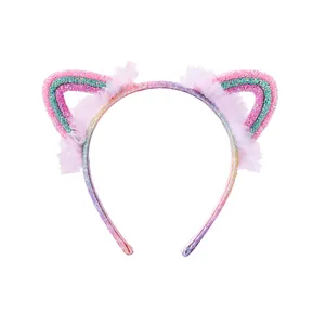 Diadema de orejas de gato rosa con tela brillante y encaje de malla para niñas