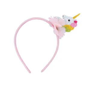 Pink unicorn headband with glitter sequins and tulle flowers for kids hairstyle