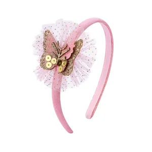 Rosa glitzerndes Schmetterling Stirnband für Mädchen mit Tüll und goldenen Pailletten