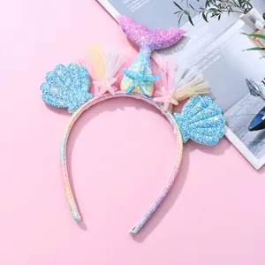 Mermaid headband for girls with sequins, sea shell and star in pastel colors