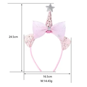 Pink party headband with glitter stars and mesh bow detailing shown with dimensions