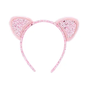 Pink glitter cat ear headband with soft plush trim for girls party accessories