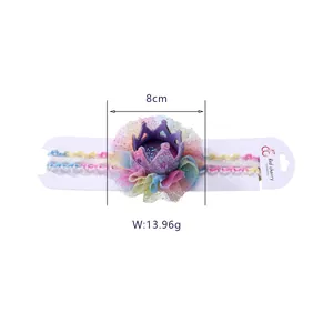 Detail of kids purple sequin crown headband with rainbow mesh and lace details