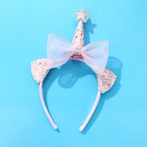Pink kids headband with glitter party hat, cat ears and large star tulle bow