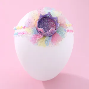 Baby crown headband with purple glitter and rainbow mesh tulle on elastic band