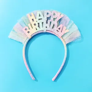 Cerchietto per Capelli Happy Birthday con Brillantini Arcobaleno e Rete in Tulle per Bambine Accessori per Feste di Compleanno