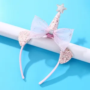 Kids Pink Sequin Headband With Large Mesh Bow Silver Star Cat Ear Party Hat Unicorn Style Headpiece For Birthday Party Girls Hair Accessories