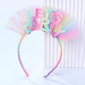 Cerchietto glitter arcobaleno 'LET'S PARTY' con tulle per feste di compleanno