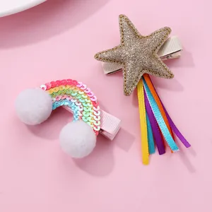 Kids Rainbow Star Hair Clips Set Sweet Sequin Pom-Pom Tassel Ribbon Hairpin For Girls Toddlers Children Hair Accessories