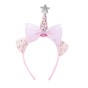 Pink sequin party headband for girls with tulle bow and sparkling silver star topper