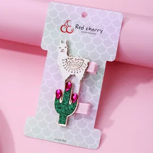 Cute alpaca and cactus hair clips set for kids with pink glitter and faux gemstone accents