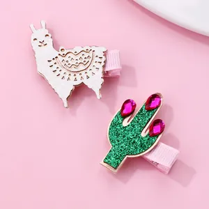 Kids Sweet Cartoon Alpaca Cactus Hair Clips Set Handmade Glitter Fabric Rhinestone Sweet Hairpins For Girls Daily Accessories