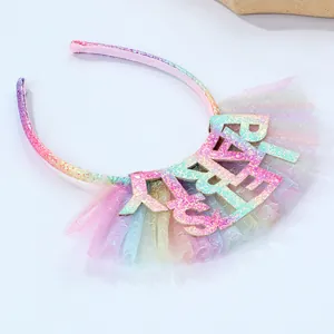 Cerchietto Birthday Girl colorato con paillettes arcobaleno per feste di compleanno