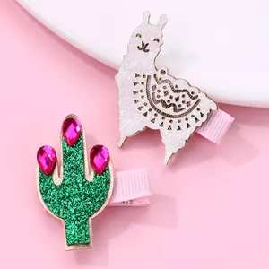 Cute alpaca and cactus glitter hair clips set with pink ribbon wrapped metal base