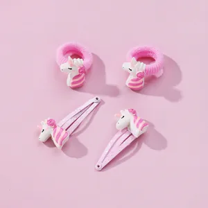Coffret d'accessoires cheveux licorne en résine rose avec barrettes et chouchous élastiques
