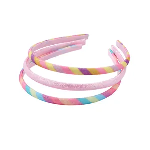 Lot de 3 serre-têtes pailletés pour filles avec rayures colorées et doublure en tissu rose