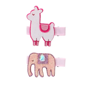 Cute alpaca and pink sequin elephant hair clips set with sparkling gems for girls