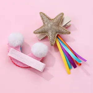 Glitter star hair clip with rainbow ribbons and pink plush pom-pom hair accessories