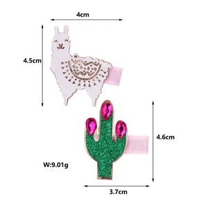 Detail view of cute alpaca and cactus hair clips with size and weight measurements